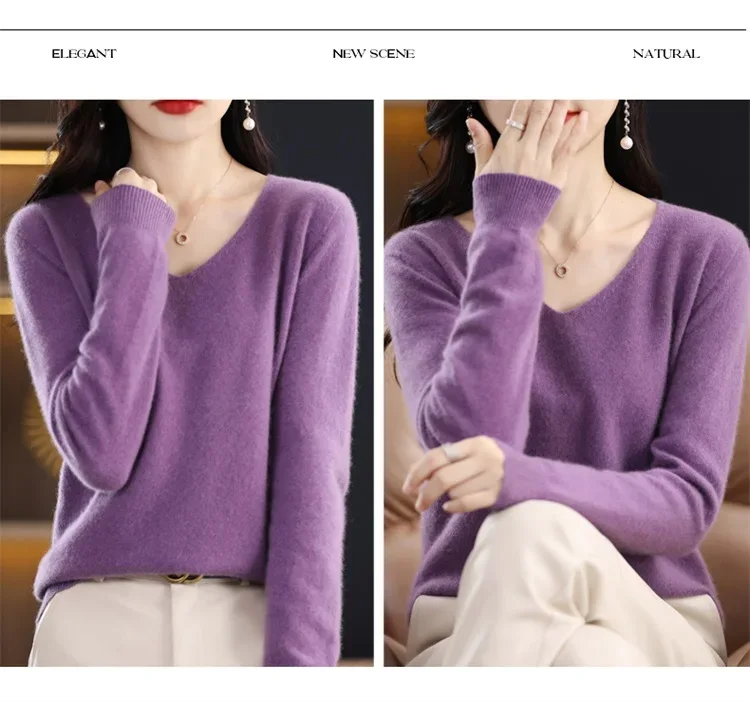 100% pure wool 2024 autumn and winter new cashmere sweater women's V-neck pullover fashion solid color long sleeve pullover - Image 25