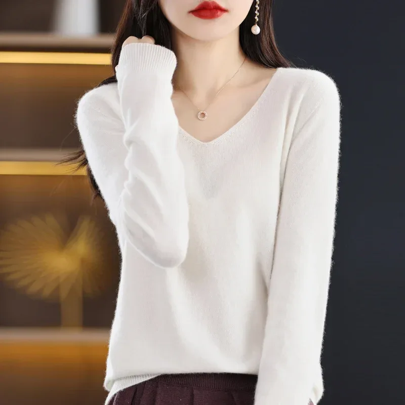 100% pure wool 2024 autumn and winter new cashmere sweater women's V-neck pullover fashion solid color long sleeve pullover - Image 59