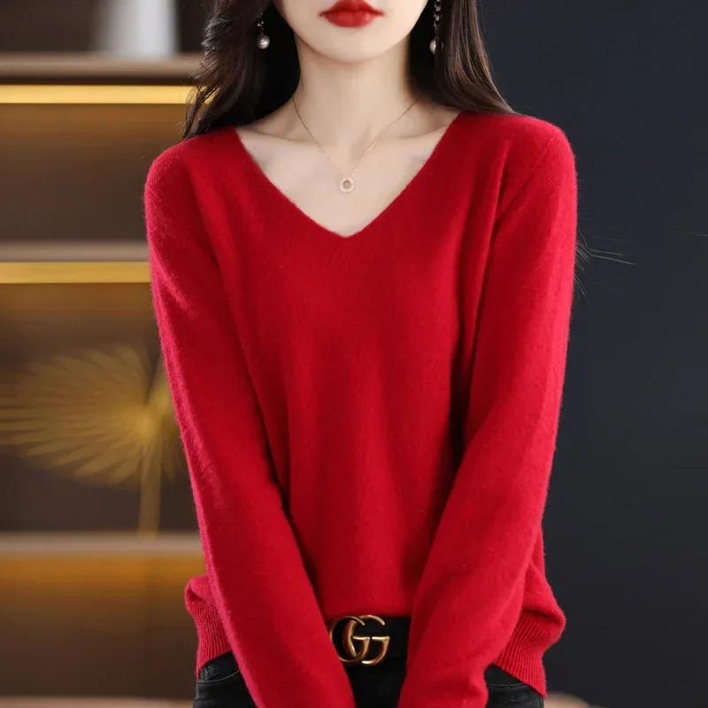 100% pure wool 2024 autumn and winter new cashmere sweater women's V-neck pullover fashion solid color long sleeve pullover - Image 69
