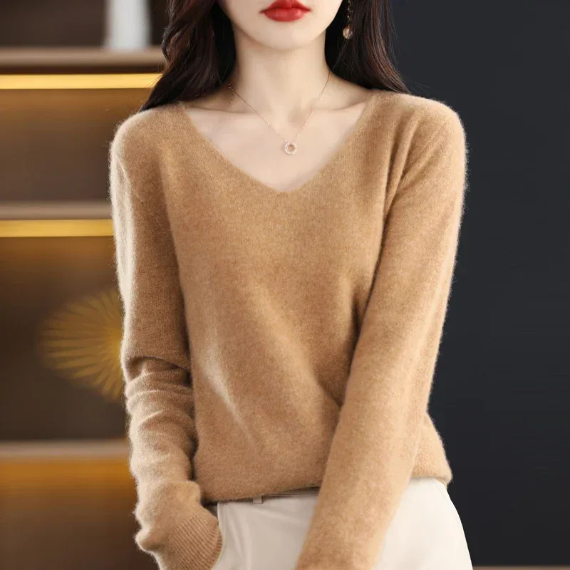100% pure wool 2024 autumn and winter new cashmere sweater women's V-neck pullover fashion solid color long sleeve pullover - Image 72