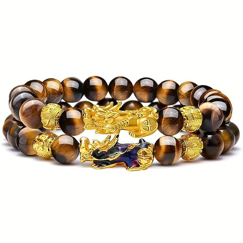 2 Pieces Natural Tiger Eye Stone Pixiu Charm Good Luck Bracelet for Men - Image 3