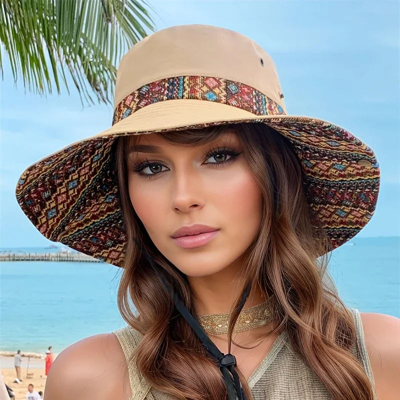 2-Way Adjustable Women's Bohemian Embroidered Sun Hat - Wide Brim Windproof Fisherman Hat with Vibrant Geometric Patterns, All-Season Outdoor Travel & Hiking Accessory for Beach, Mountaineering, Tourism, Fishing Hat, Mountain - Image 7