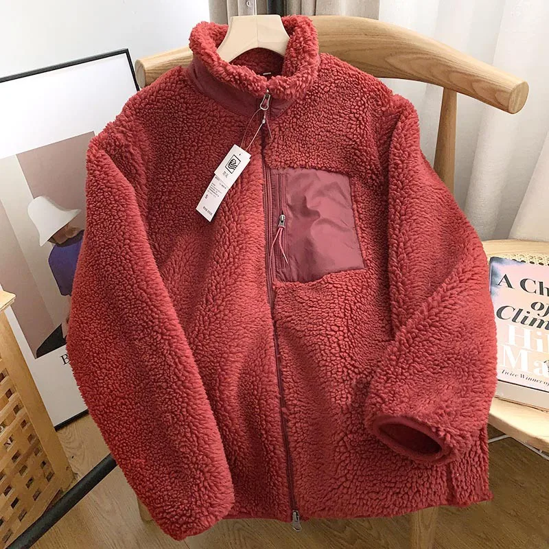 Autumn and Winter Japanese Men's and Women's Fleece Stand Neck Jacket Couple Zipper Loose Warm Lamb Wool Coat Solid Color Jacket - Image 13