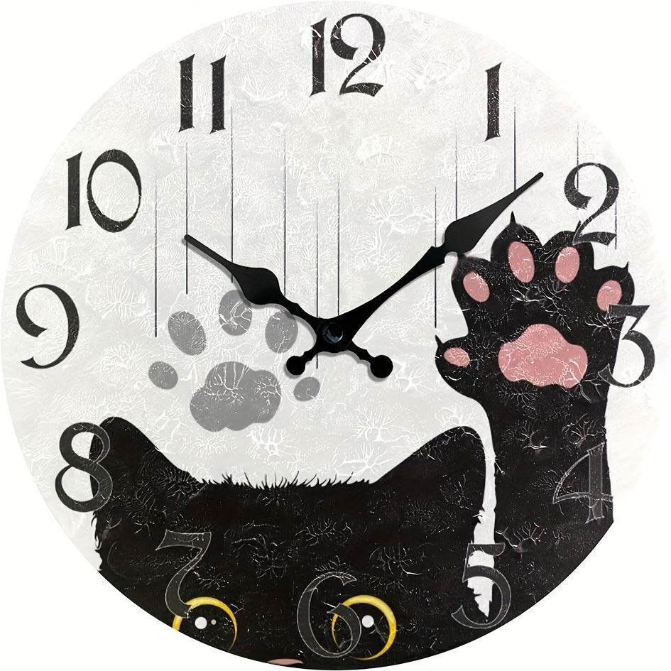 Charming Cat Wooden Silent Wall Clock Battery Powered