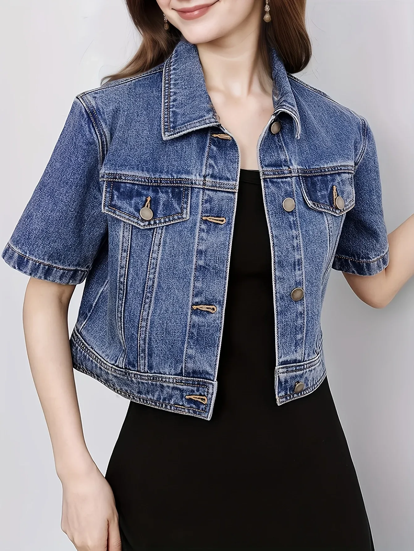 Classic Collar Denim Short Jacket - Image 2