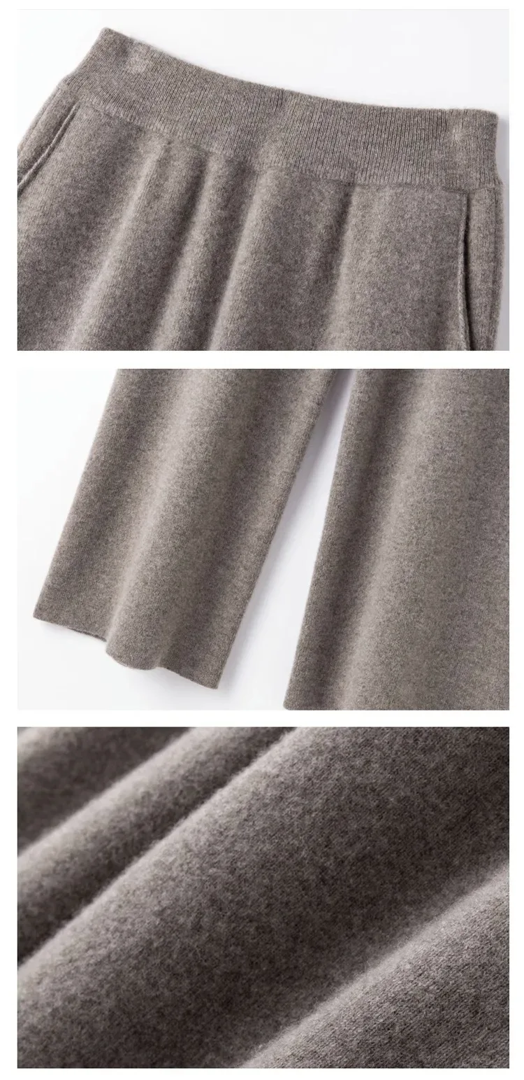 Elegant Pure High Waist Drooping Wide-Leg Pants Women's Outer Wear with Pockets Baggy Straight Trousers Knitted Mop Trousers - Image 14