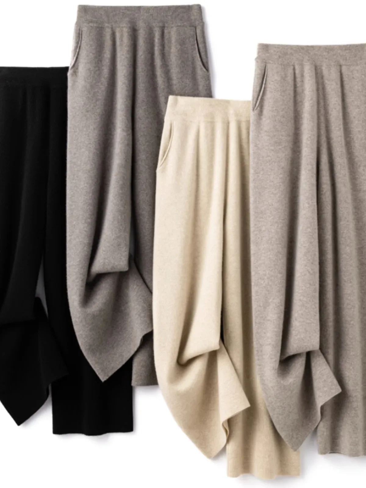 Elegant Pure High Waist Drooping Wide-Leg Pants Women's Outer Wear with Pockets Baggy Straight Trousers Knitted Mop Trousers - Image 2