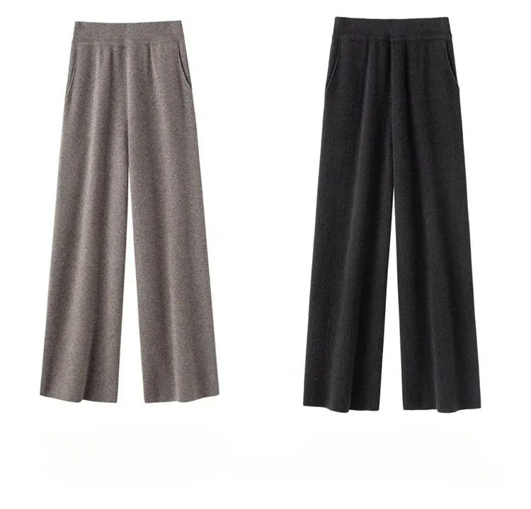 Elegant Pure High Waist Drooping Wide-Leg Pants Women's Outer Wear with Pockets Baggy Straight Trousers Knitted Mop Trousers - Image 7