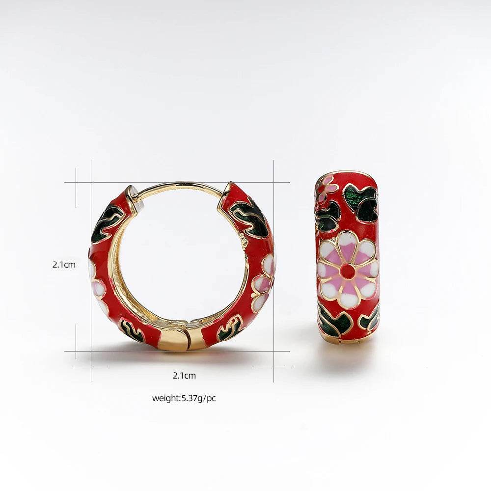 Enamel Floral Hoop Earrings - Image 6
