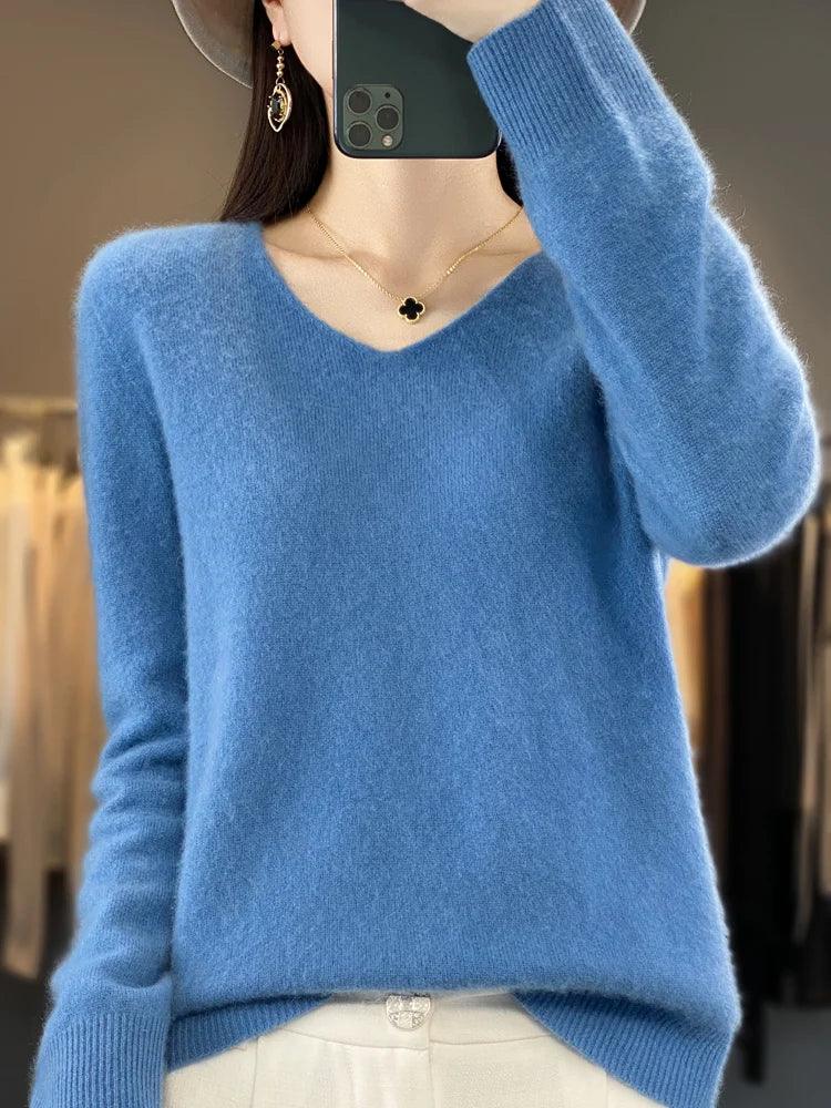 Fashion100% Merino Wool Sweater Cashmere  Pullover Women Knitwear V-Neck Long Sleeve  Autumn Winter Fashion Basic Clothing  Tops - Image 14