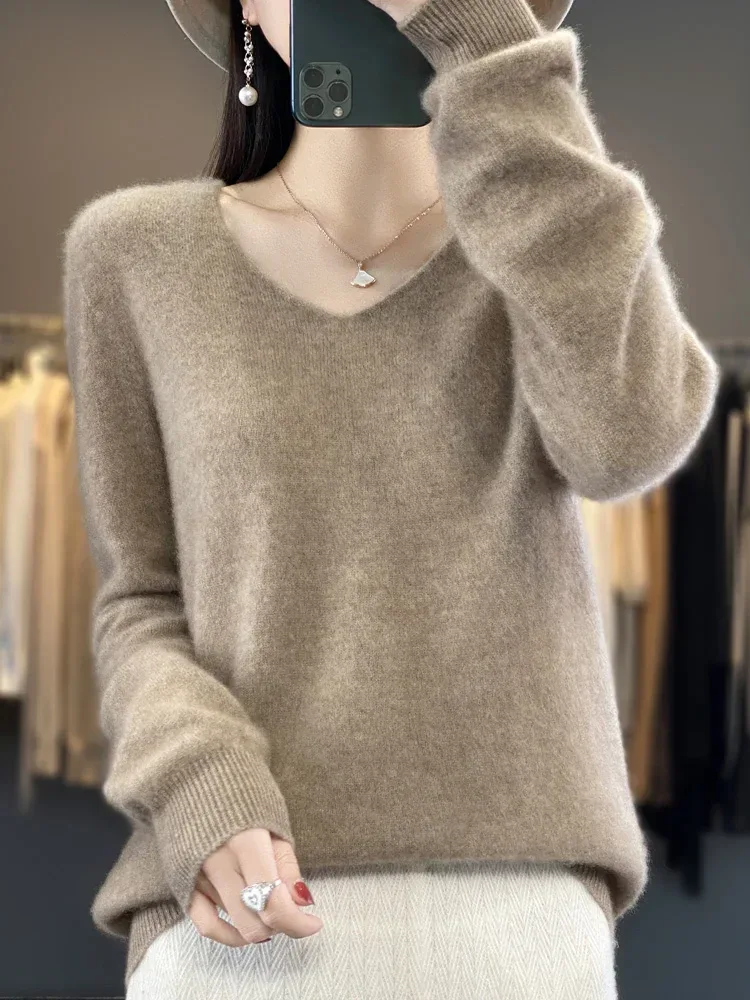 Fashion100% Merino Wool Sweater Cashmere  Pullover Women Knitwear V-Neck Long Sleeve  Autumn Winter Fashion Basic Clothing  Tops - Image 20