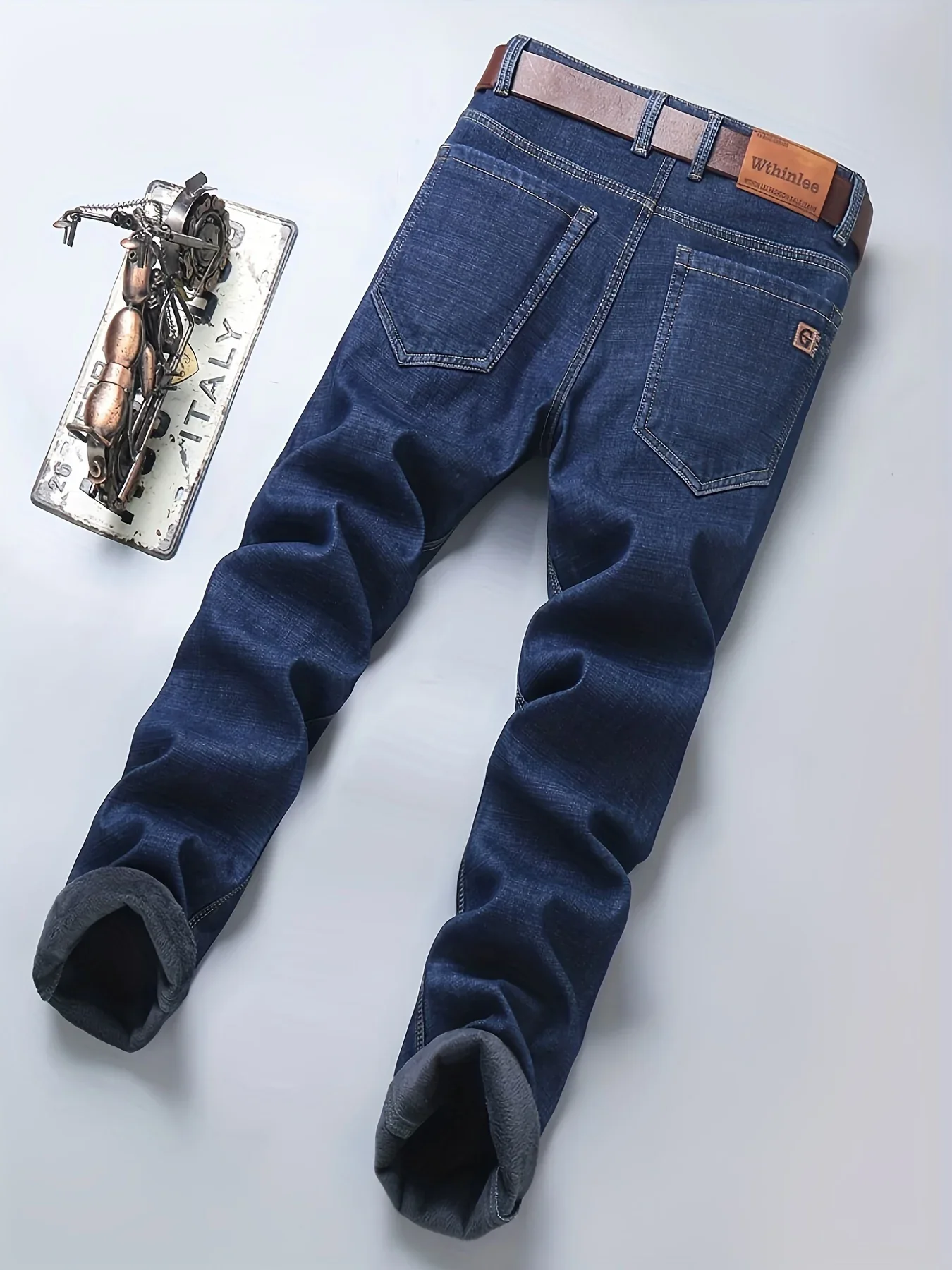 Men'S Classic Black Fleece-Lined Jeans - Soft, Thick, Straight-Leg Business Style Pants for Fall/Winter, Versatile for Work & Casual Wear, Comfortable Fit - Image 3