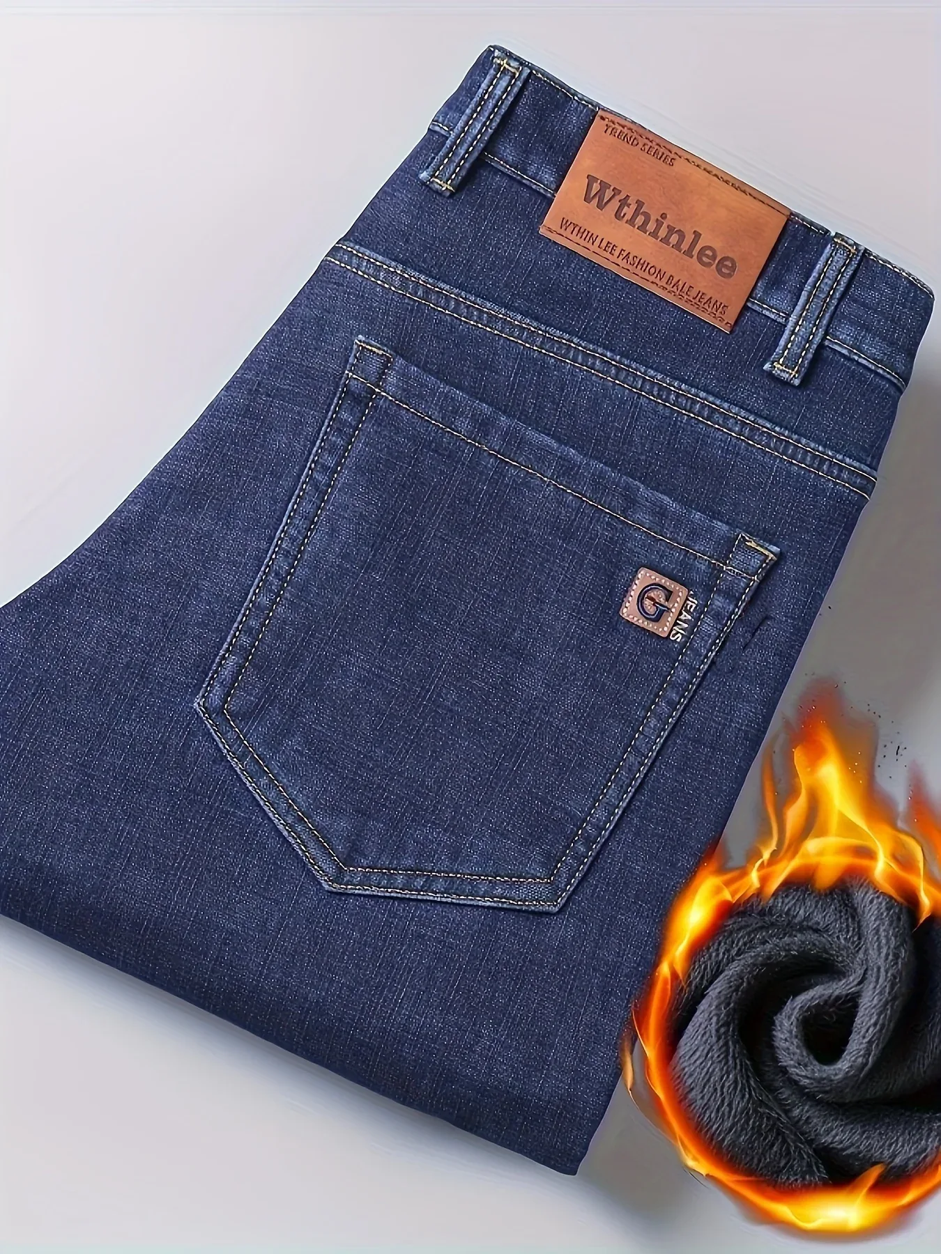 Men'S Classic Black Fleece-Lined Jeans - Soft, Thick, Straight-Leg Business Style Pants for Fall/Winter, Versatile for Work & Casual Wear, Comfortable Fit - Image 5
