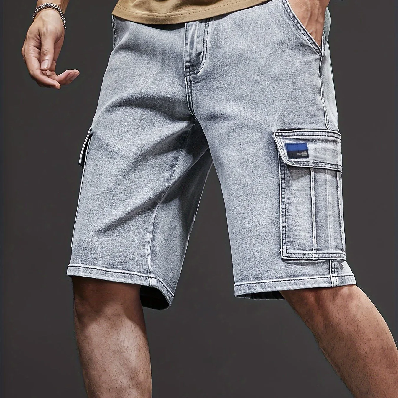 Men's Stretch Denim Shorts - Multi-Pocket Casual Streetwear with Knee-Length, Machine Washable Everyday & Formal Shorts for Urban Outfits - Non-See-Through Denim Construction - Image 13