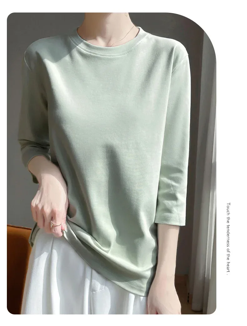 Mercerized Cotton Cropped Sleeve Female Spring And Summer 2023 New Round Neck Loose 100% Cotton Short Sleeve Bottoming T-Shirt - Image 36