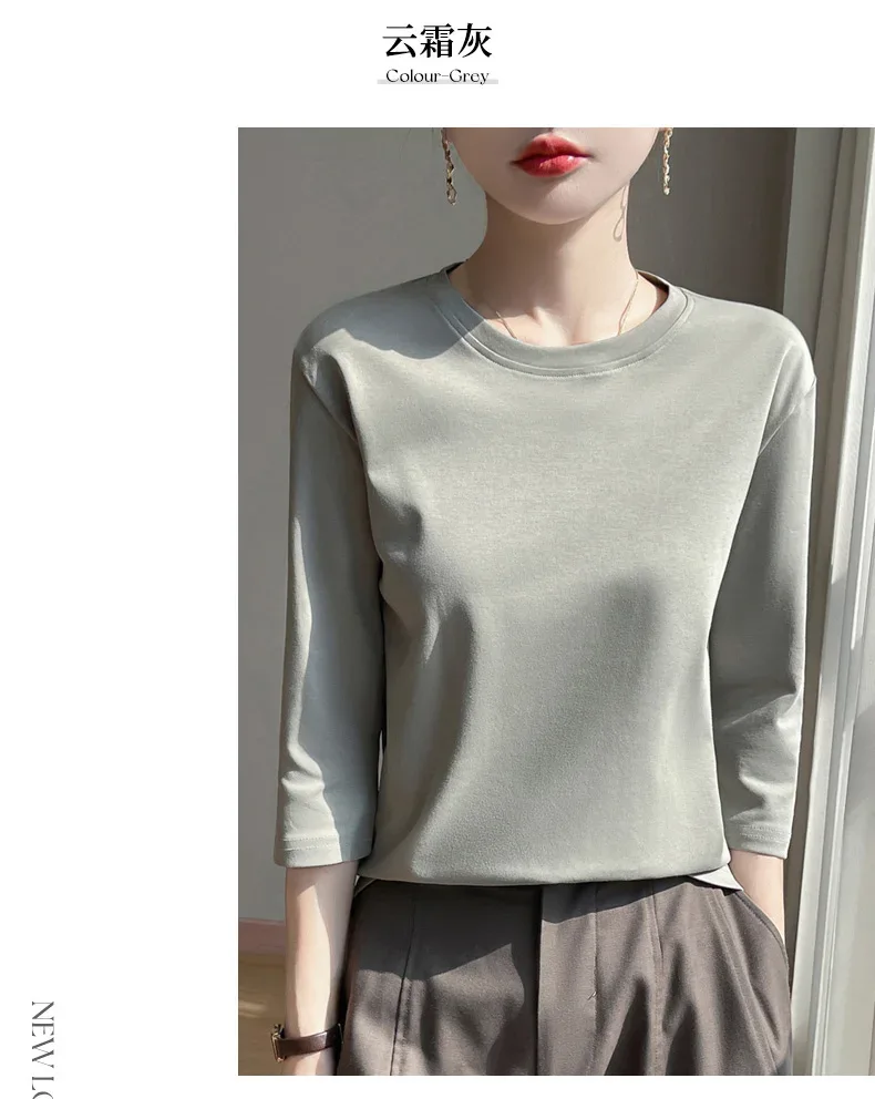 Mercerized Cotton Cropped Sleeve Female Spring And Summer 2023 New Round Neck Loose 100% Cotton Short Sleeve Bottoming T-Shirt - Image 44