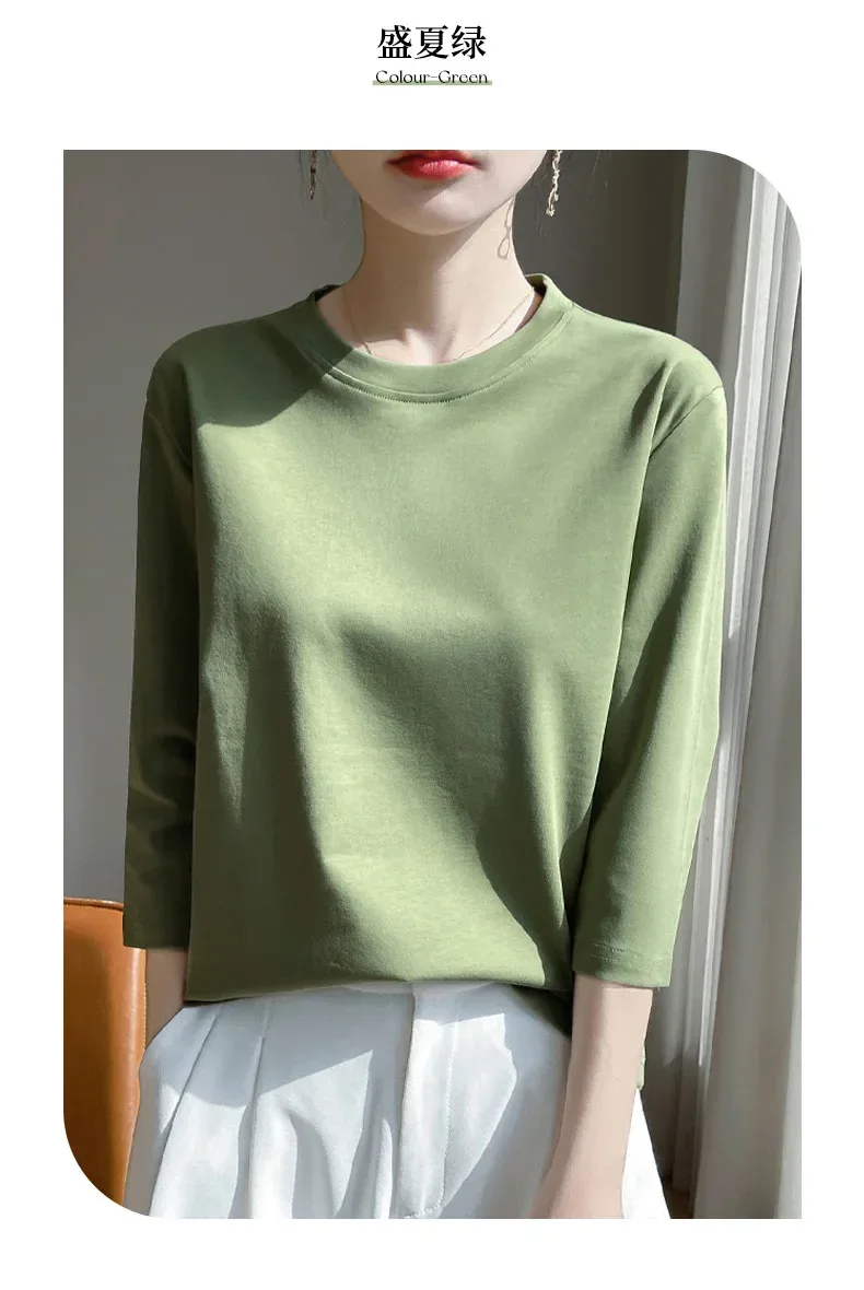 Mercerized Cotton Cropped Sleeve Female Spring And Summer 2023 New Round Neck Loose 100% Cotton Short Sleeve Bottoming T-Shirt - Image 47