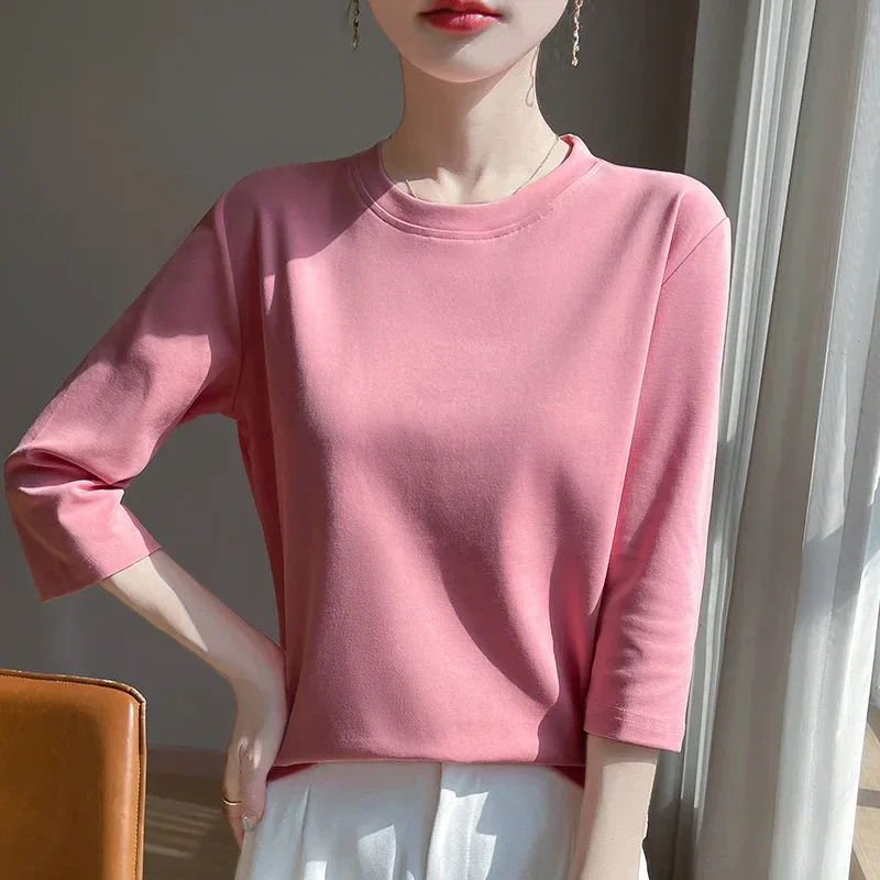 Mercerized Cotton Cropped Sleeve Female Spring And Summer 2023 New Round Neck Loose 100% Cotton Short Sleeve Bottoming T-Shirt - Image 52