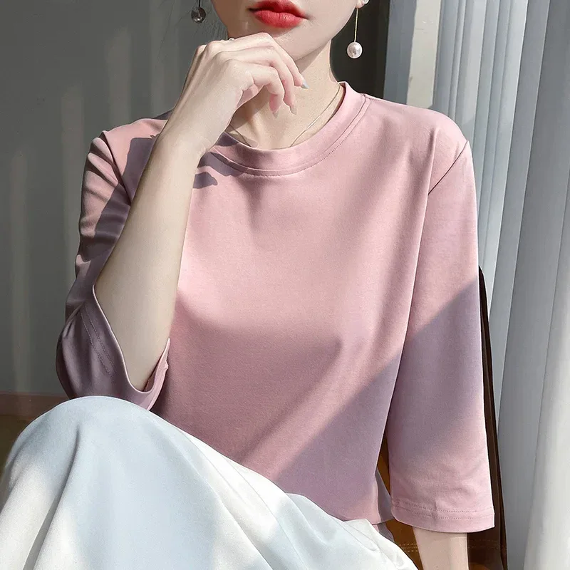 Mercerized Cotton Cropped Sleeve Female Spring And Summer 2023 New Round Neck Loose 100% Cotton Short Sleeve Bottoming T-Shirt - Image 57