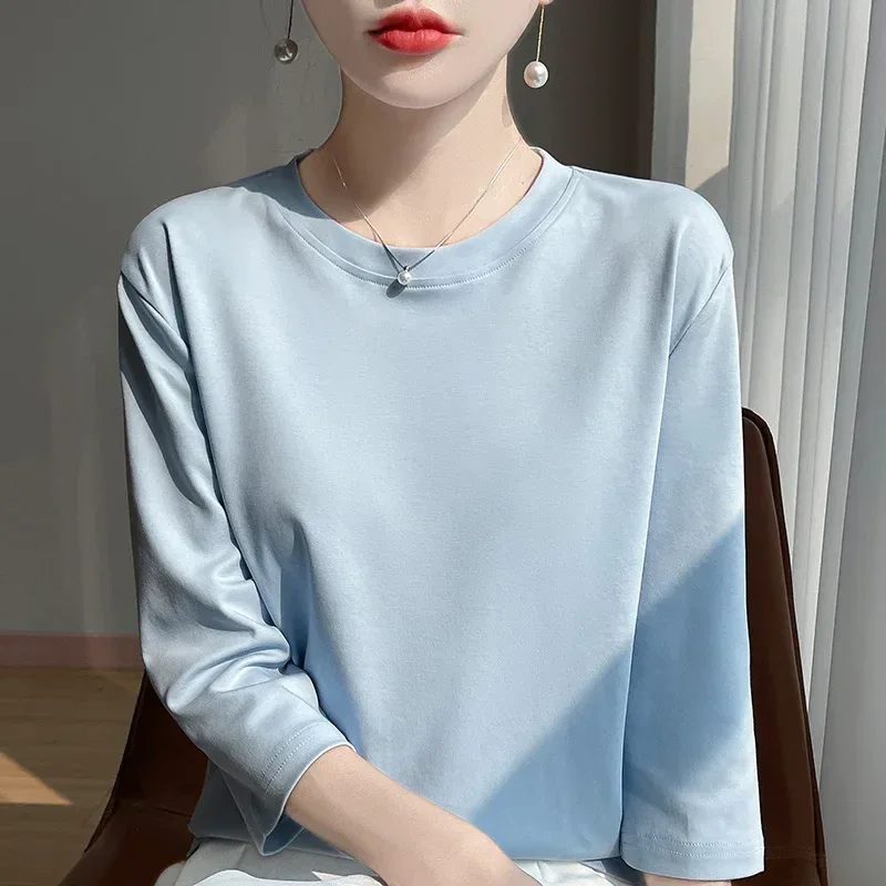 Mercerized Cotton Cropped Sleeve Female Spring And Summer 2023 New Round Neck Loose 100% Cotton Short Sleeve Bottoming T-Shirt - Image 60