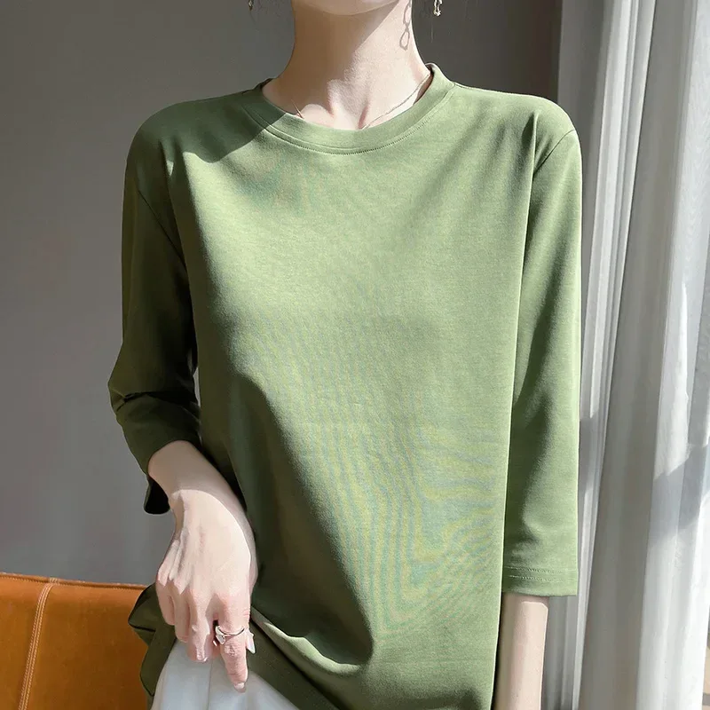 Mercerized Cotton Cropped Sleeve Female Spring And Summer 2023 New Round Neck Loose 100% Cotton Short Sleeve Bottoming T-Shirt - Image 70