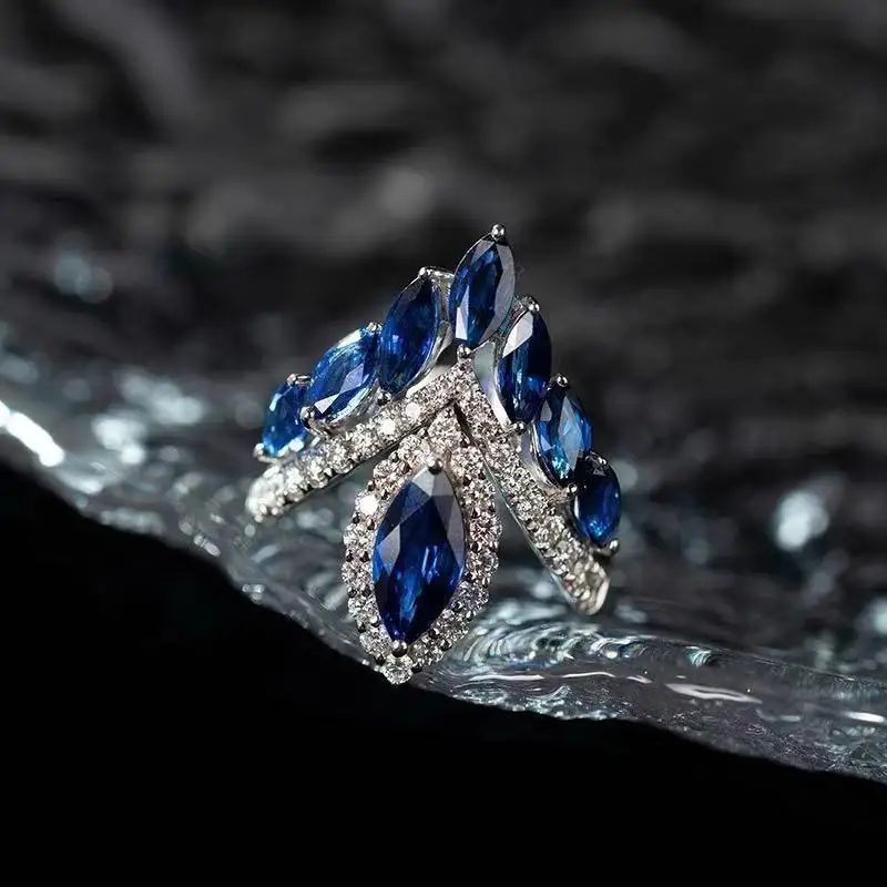 Premium and exquisite crown shaped design water droplet sapphire rings for women luxurious wedding silver 925 blue ring jewelry