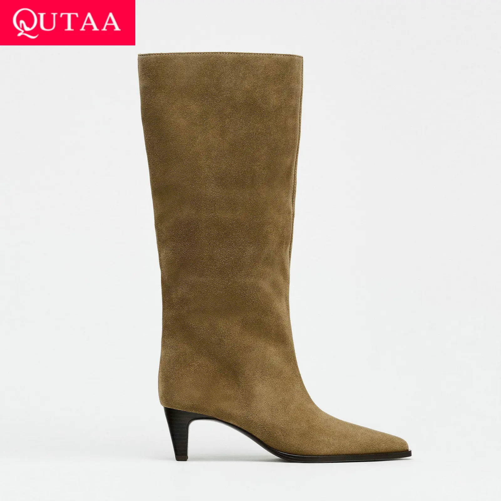 QUTAA Fashion Winter Women Knee High Boots Cow Suede Autumn Shoes Pointed Toe Buckles Chunky High Heels Motorcycle Boots 34-43