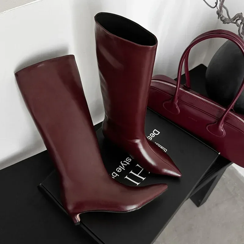 QUTAA News Fashion Winter Women Knee High Boots Pointed Toe Woman Shoes Low Kitten Heels Cow Leather Long Boots Dress Size 34-43 - Image 2