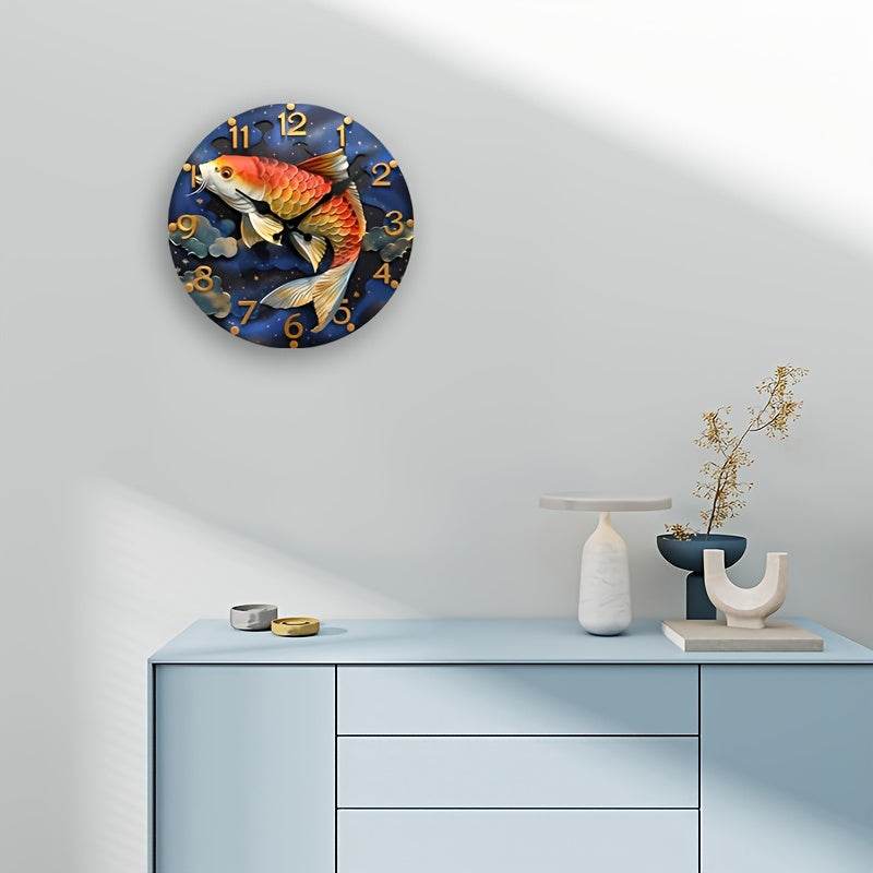 Red Koi Fish Silent Wall Clock Wooden Round Digital Display - Image 2