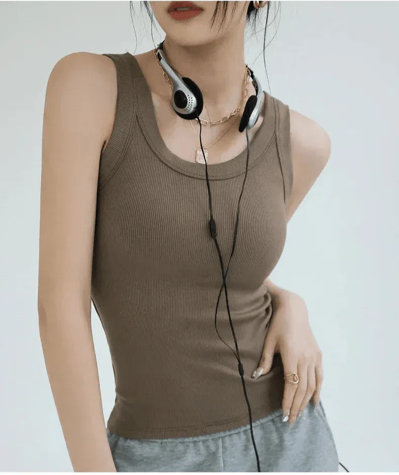 Ribbed Tank Top with Built-in Chest Pad - Image 2