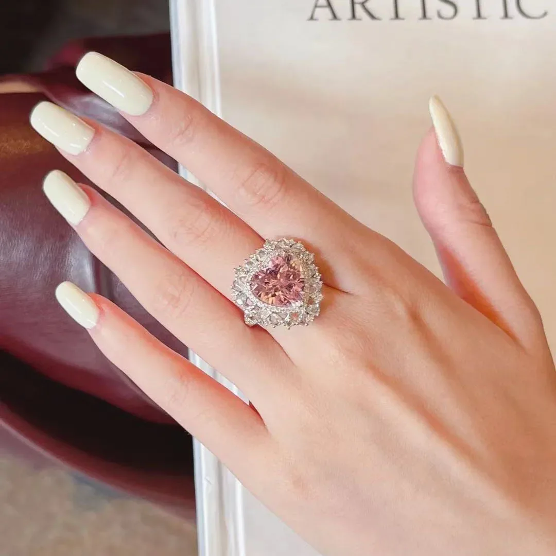 Romantic and creative Full Diamond Pink Gem Heart shaped rings for women Trendy silver 925 Sparkling Ring Engagement Jewelry - Image 2