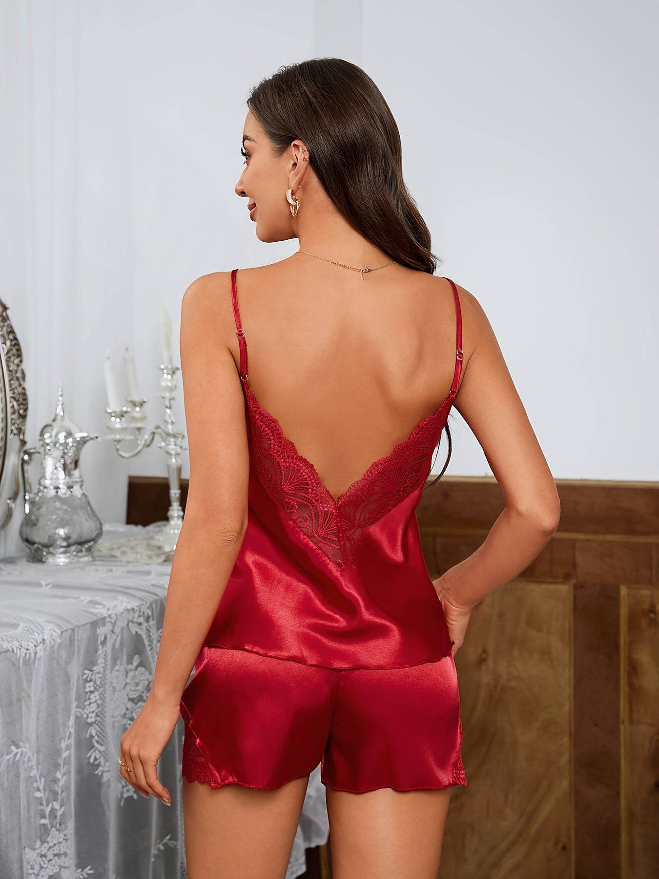 Solid Satin Lace Pajama Set - Image 43