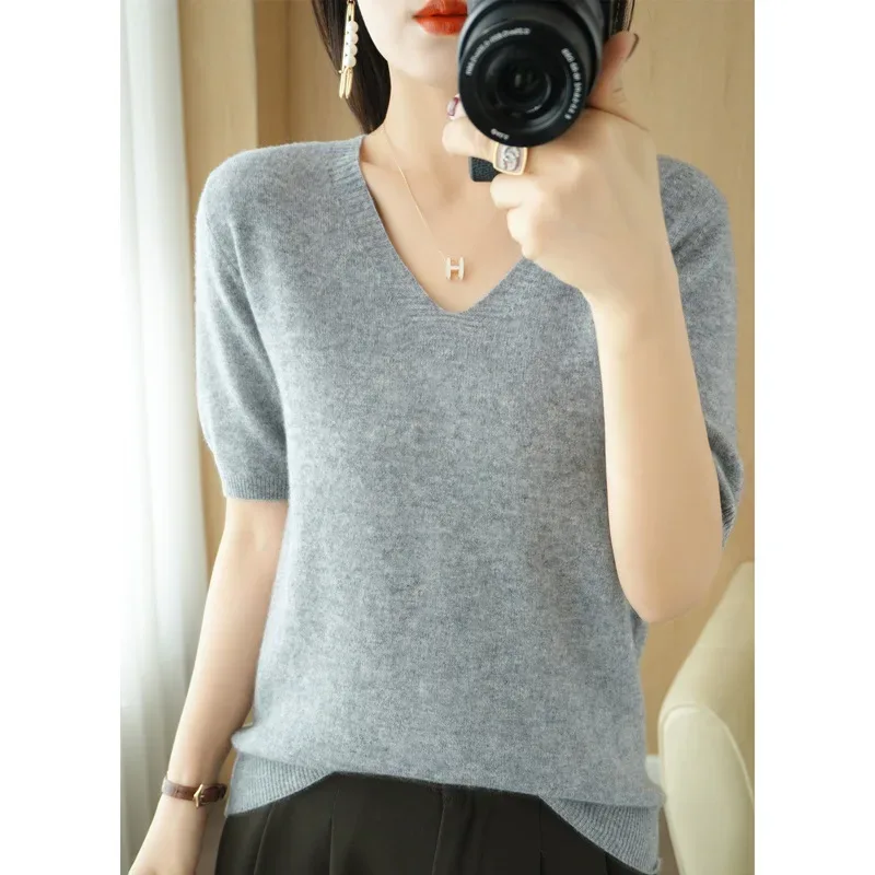 Spring/Summer 2025 Ladies Sweater Pullover Solid Color V-neck Half-sleeved Knitted Cashmere Sweater Thin Casual Top - Image 50