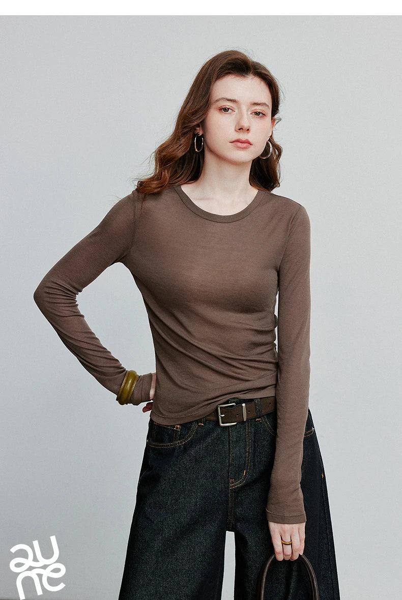 TOYOUTH Women T-shirt 2025 Autumn New Slanted Hem Lyocell Wool Slim Fit Long Sleeve Base Tops - Image 16