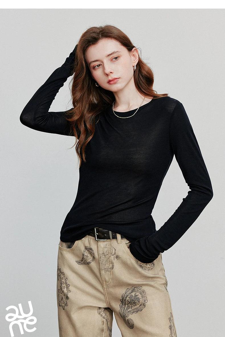 TOYOUTH Women T-shirt 2025 Autumn New Slanted Hem Lyocell Wool Slim Fit Long Sleeve Base Tops - Image 28