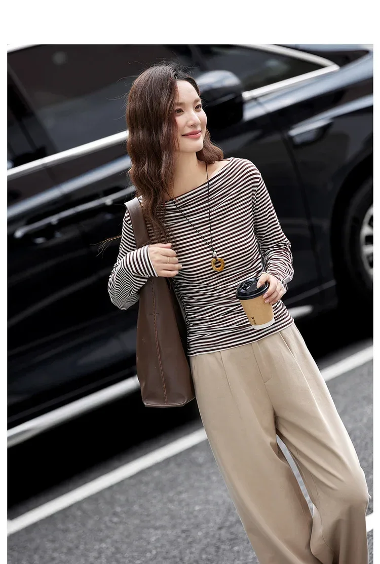 VIMLY Tops Woman 2025 Autumn French Slash Neck Long Sleeve Ladies T-shirts Casual Knitted Slim Fit Strecth Female Tees A3039 - Image 33