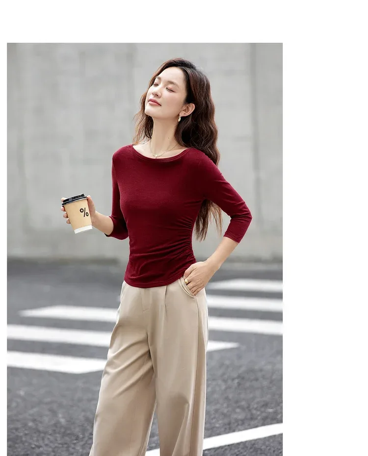 VIMLY Tops Woman 2025 Autumn French Slash Neck Long Sleeve Ladies T-shirts Casual Knitted Slim Fit Strecth Female Tees A3039 - Image 38