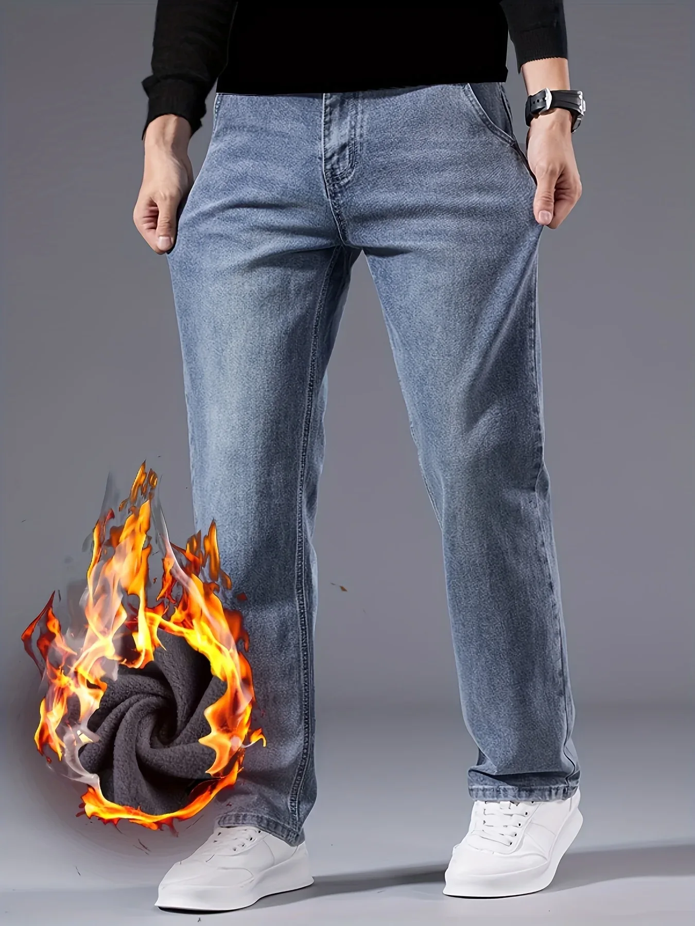 Winter New Arrival Fleece-Lined Thickened Minimalist Stretch blue trousers, long pants - Image 9