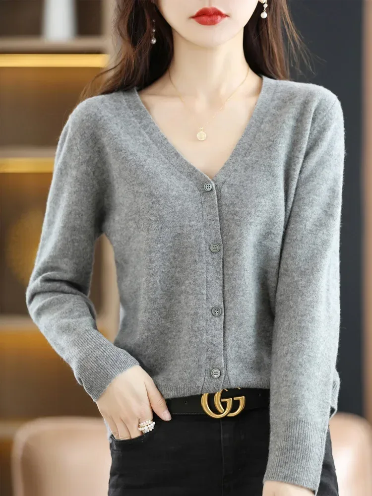 Women Cardigans V-neck Long Sleeve Knitted Outerwear Solid Thin Spring Autumn Sweaters Knitwears Korean Fashion Red Cardigans - Image 14