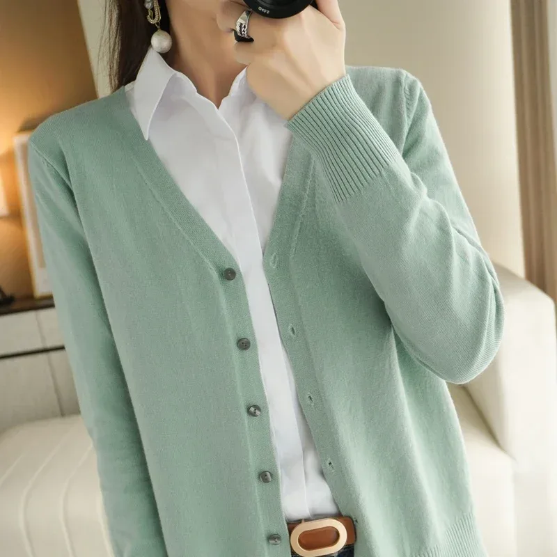 Women Cardigans V-neck Long Sleeve Knitted Outerwear Solid Thin Spring Autumn Sweaters Knitwears Korean Fashion Red Cardigans - Image 18