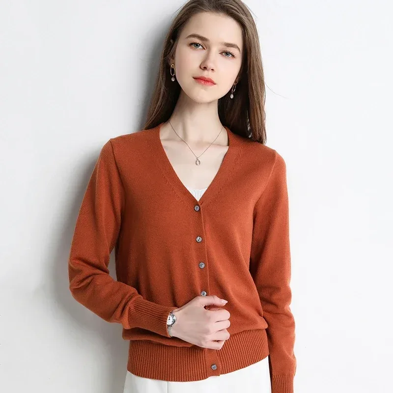Women Cardigans V-neck Long Sleeve Knitted Outerwear Solid Thin Spring Autumn Sweaters Knitwears Korean Fashion Red Cardigans - Image 23
