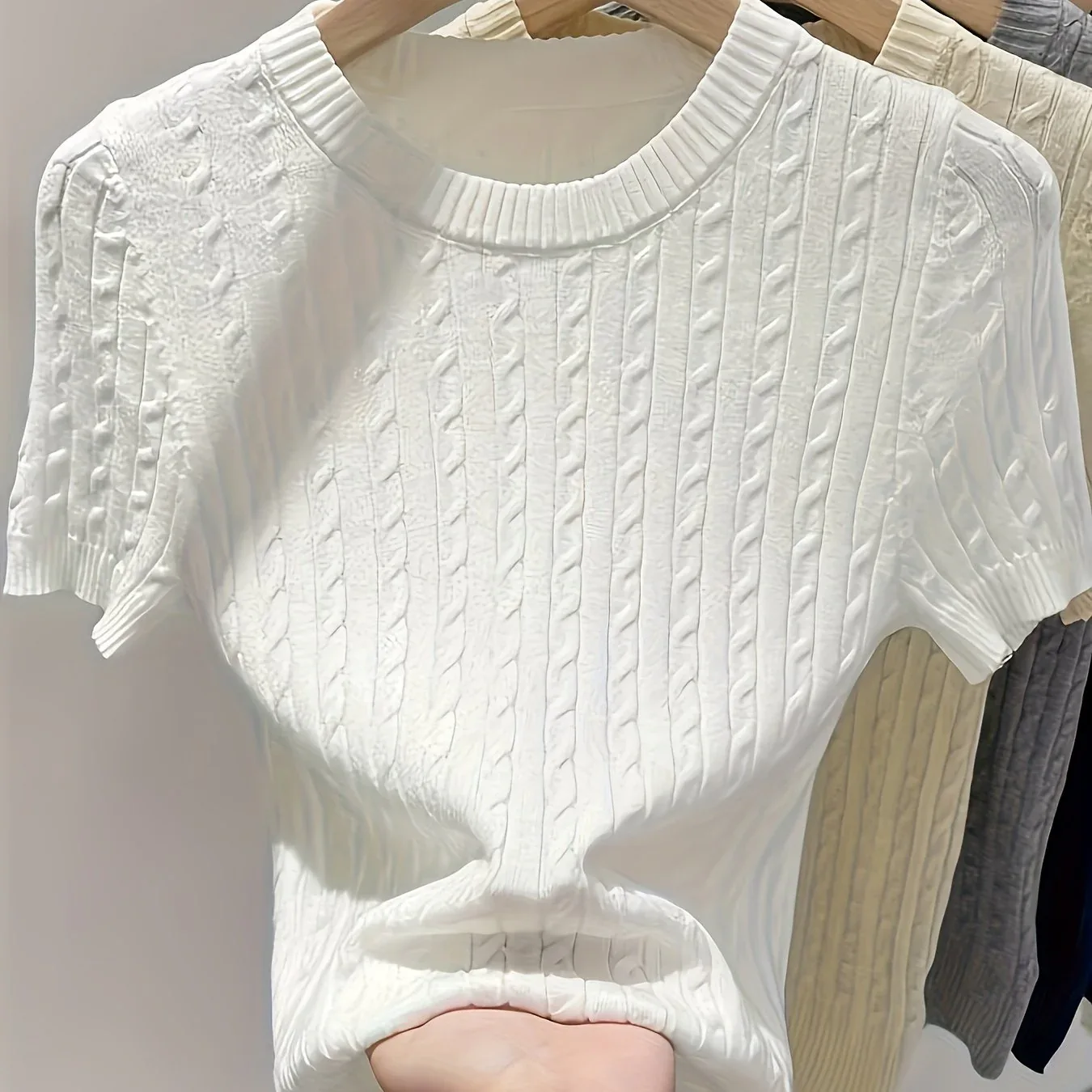 Cable Knit Short Sleeve Sweater - Image 36